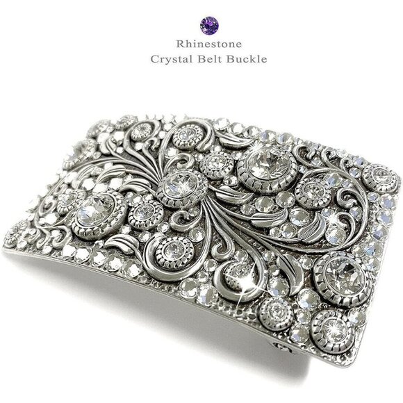 Womens Brass Black Rhinestone Crystal Antique Brass Rectangle Floral Belt Buckle main image 6
